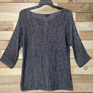 Anne Klein Metallic Knit Top Womens L Gray Boat Neck 3/4 Sleeve Career Stretch